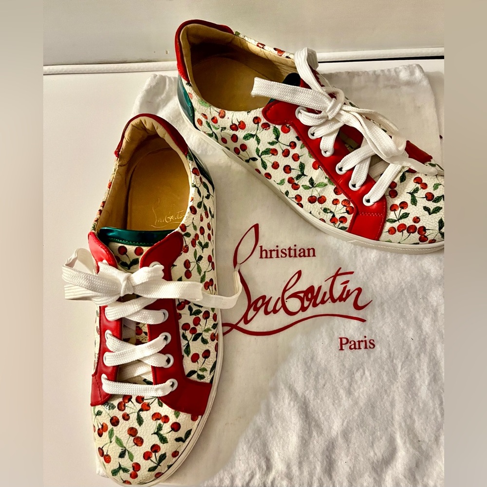 Christian Louboutin Seava Cherry Print  low-top Leather Sneakers.